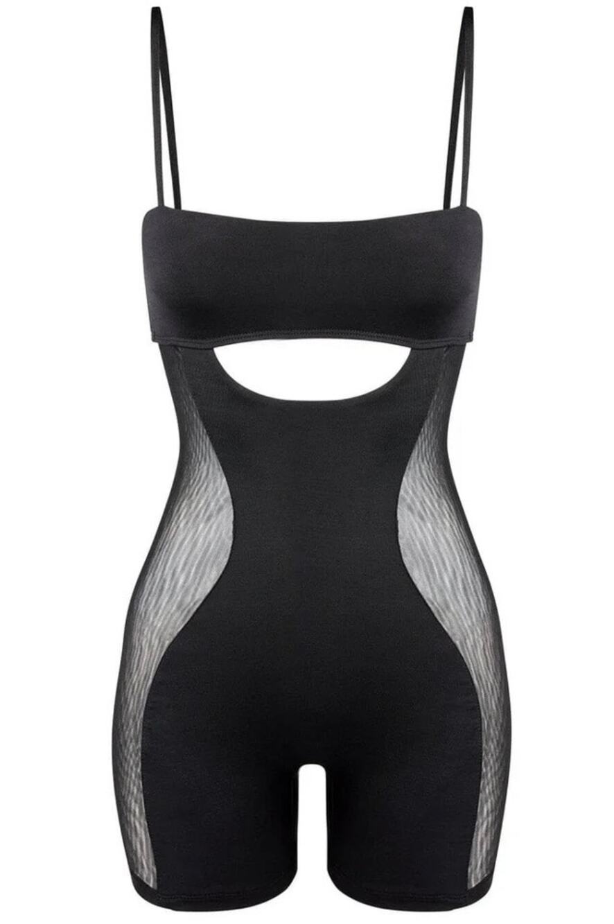 LEAU Isla Illusion Mesh Romper Black Cutout Bandeau Bodycon Bodysuit NWT Sz XXL